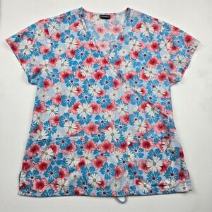 Absolute Floral Scrub Top Women's Small Blue Pink Tropical Hibiscus Mock Wrap S